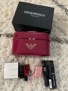 New Emporio Armani Glossy Hot Pink Pouch Bag with Gold Logo + Armani freebies